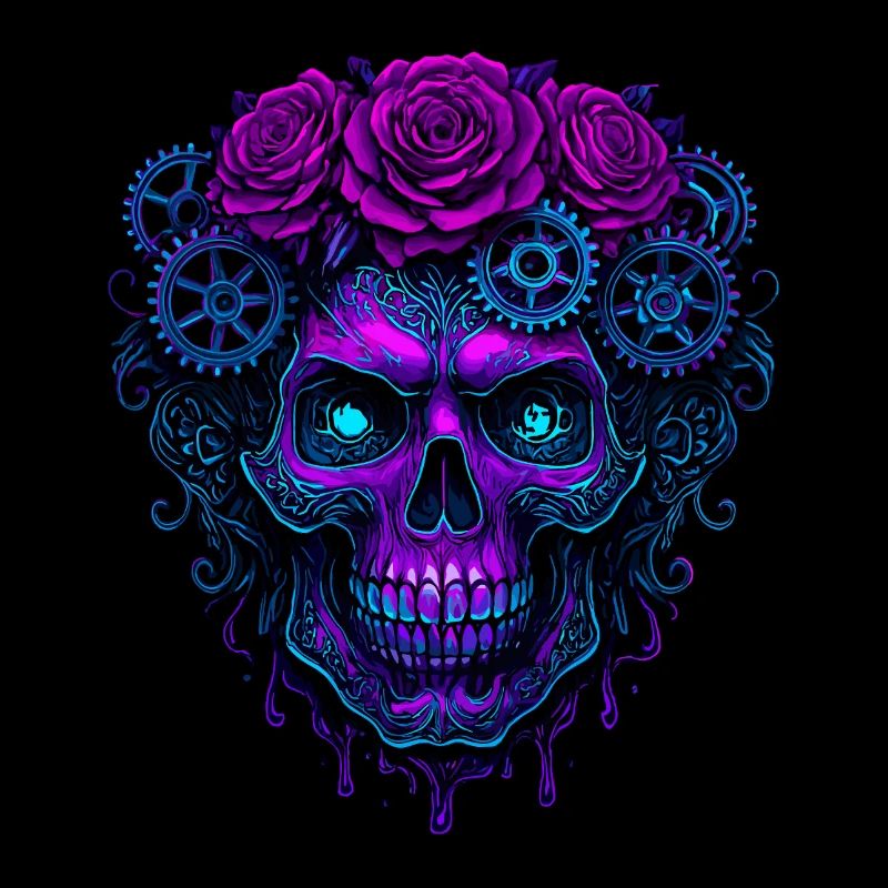Neon Kybernetisch Schädel mit rosa Zahnrädern