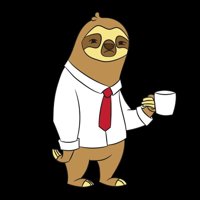 Sloth in the office drinks a coffee