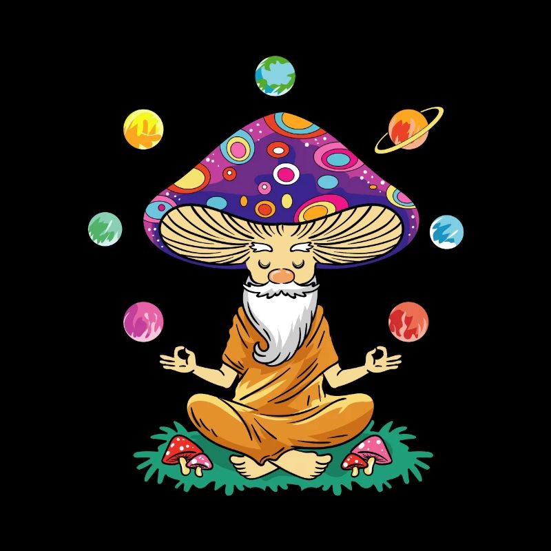 Funny mushroom with yoga and solar system planets