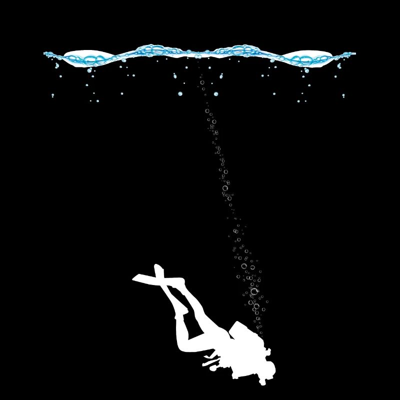 Scuba divers underwater with air bubbles