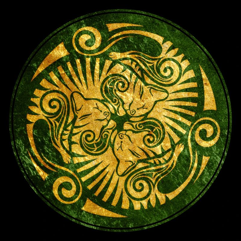 Sleeping kittens, green and gold