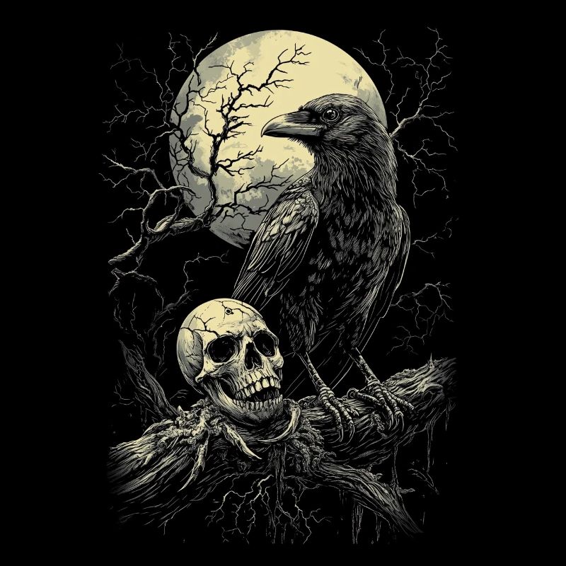 Raven Skull Moon Dark Gothic Black Crow