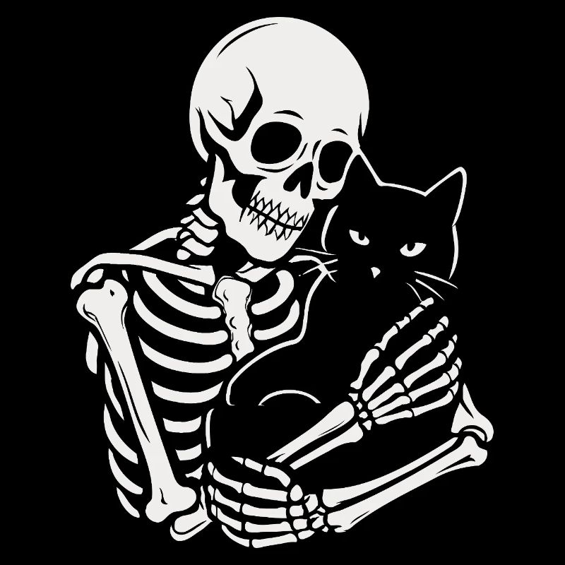 Skelett streichelt schwarze Katze
