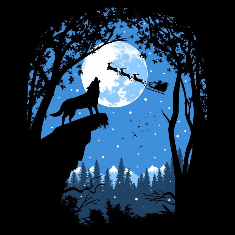 Wolf under the moon at Christmas