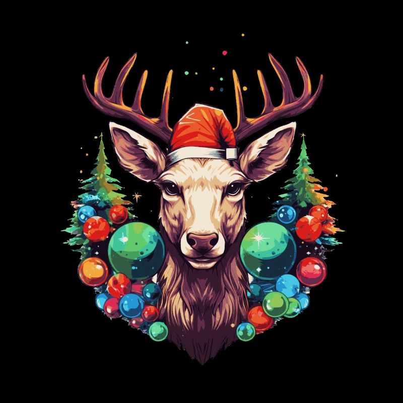 Renne avec boules de Noël et chapeau