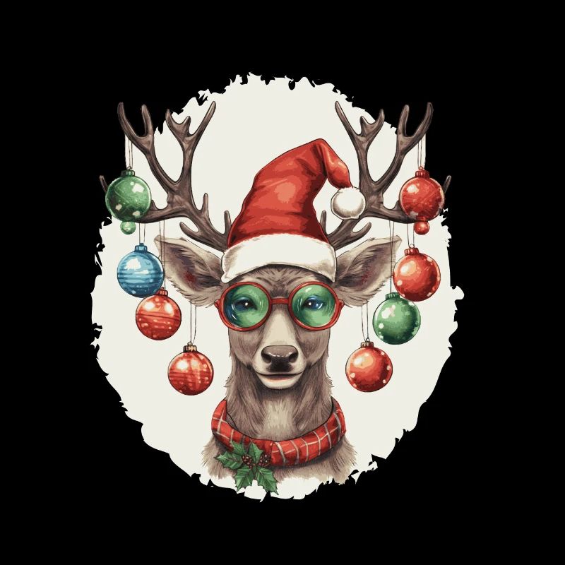 Rentier mit Weihnachtskugeln und Mütze