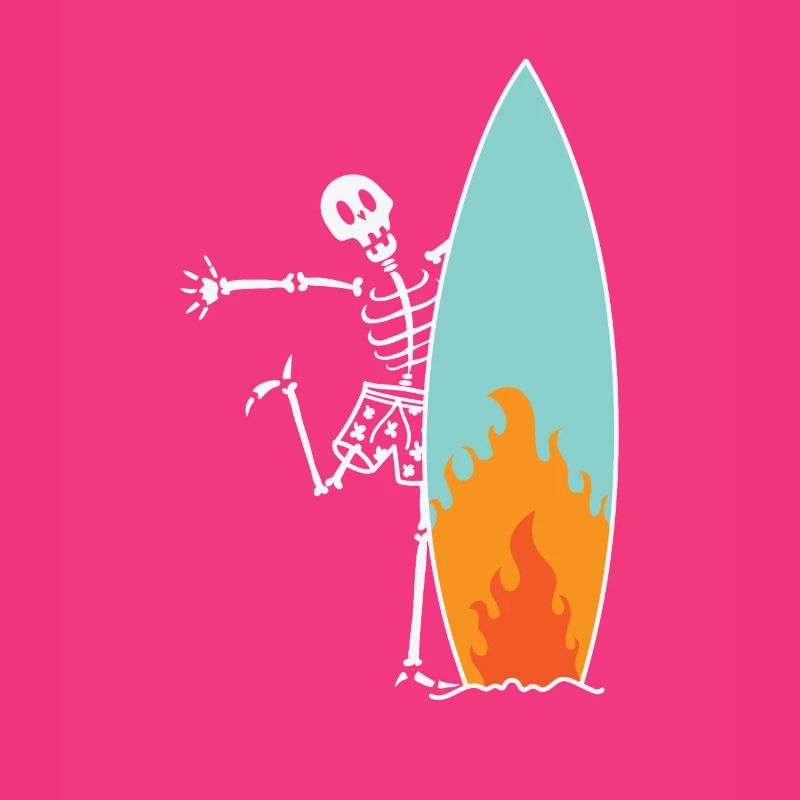 Surfing skeleton with burning surfboard