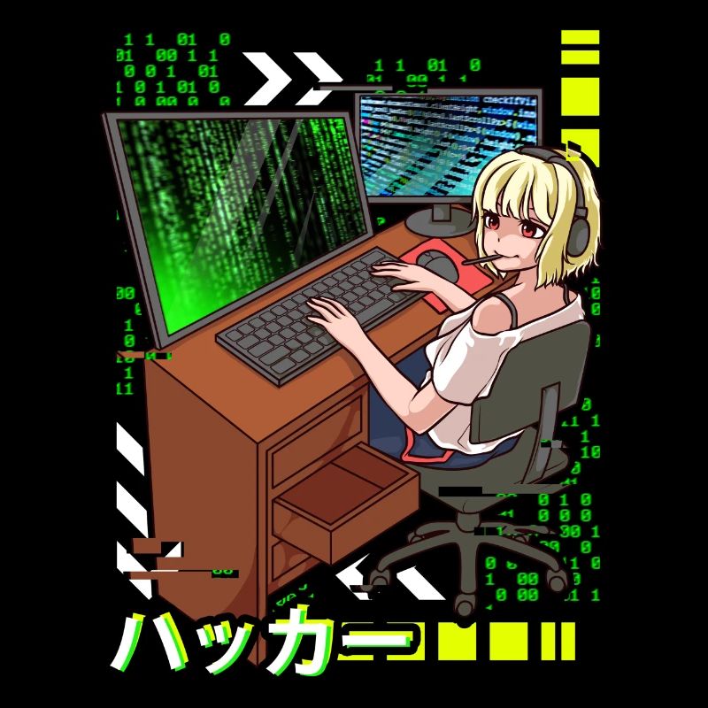 Anime Cyber Hacker Girl Hacking Binary Code
