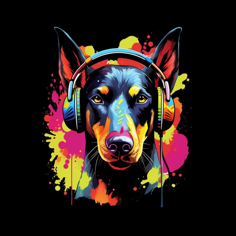 Bunter Dobermann mit Kopfhörer