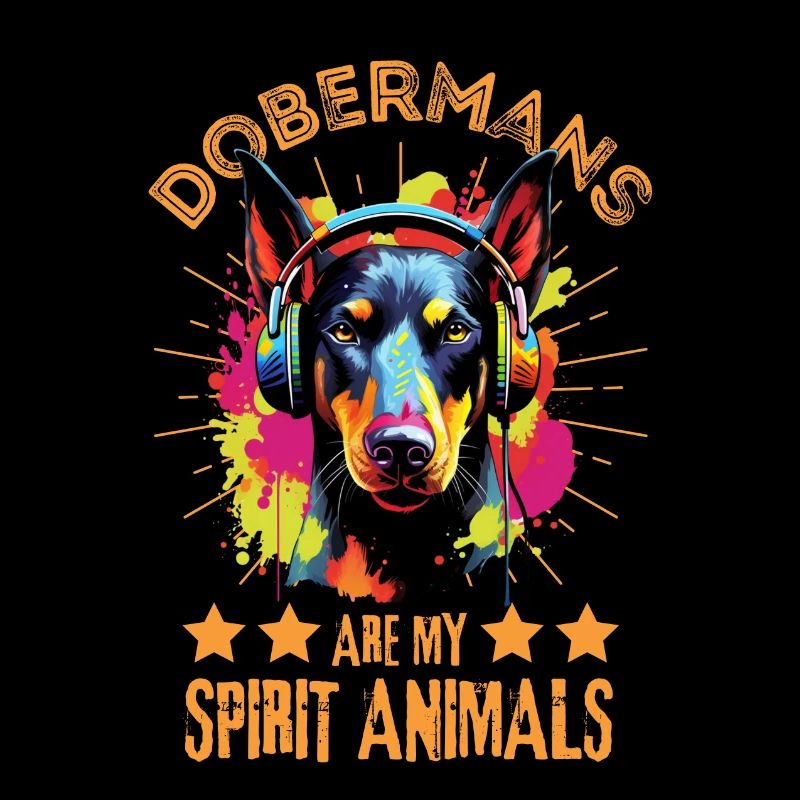 Bunter Dobermann mit Kopfhörer