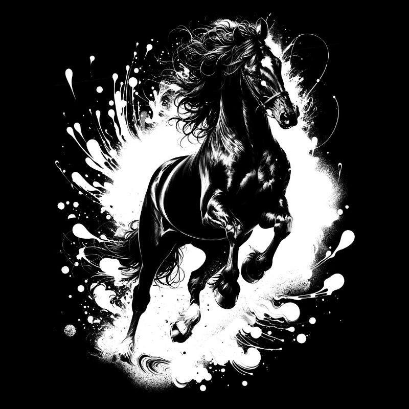 Cheval noir en bond avec des éclaboussures de peinture