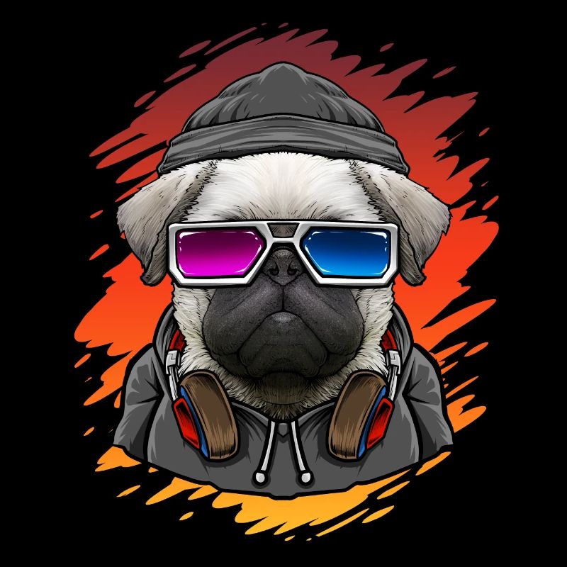 Hund Mops mit Musik DJ