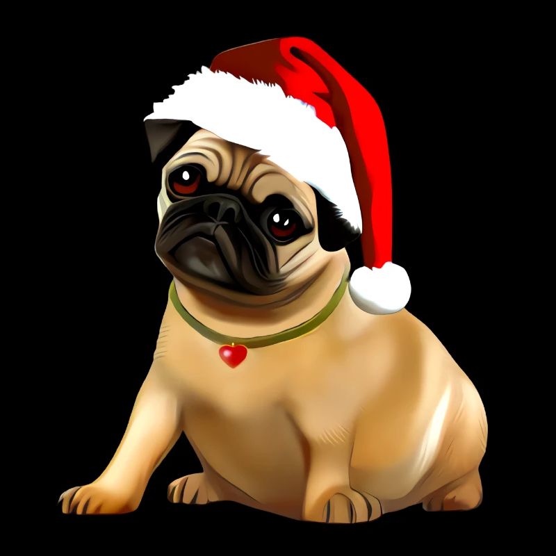 Mops Welpe sitzt mit Weihnachtsmannmütze