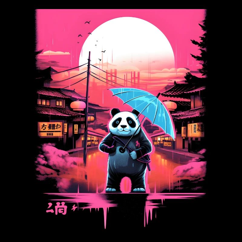 Synthwave Panda avec parapluie