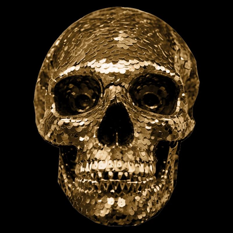 Skull,metallic,sequins,rivets,gold
