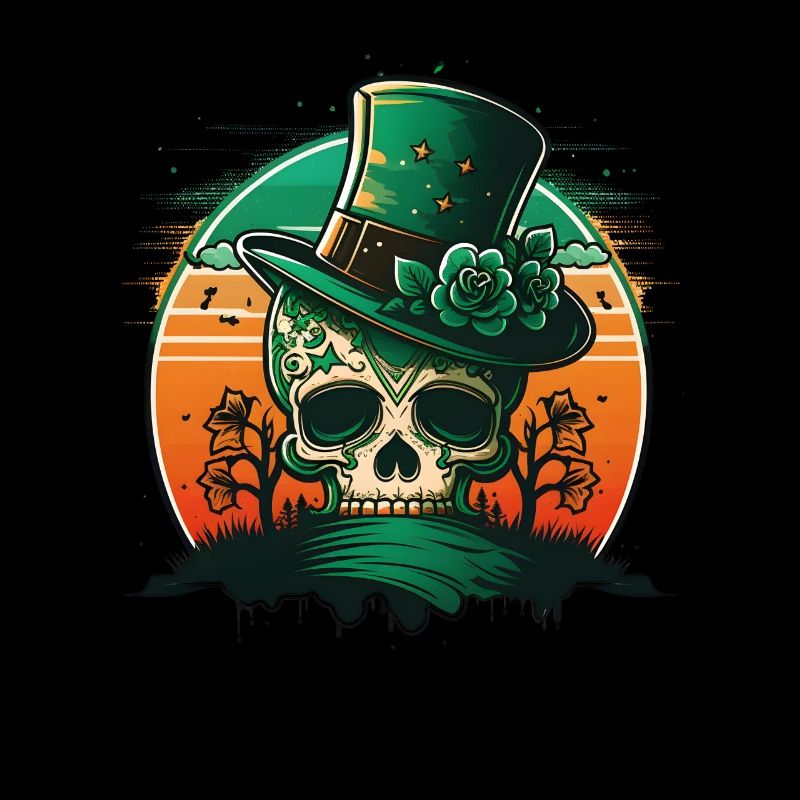Sunset Sugar Skull Wearing A Hat St Patrick"s Day