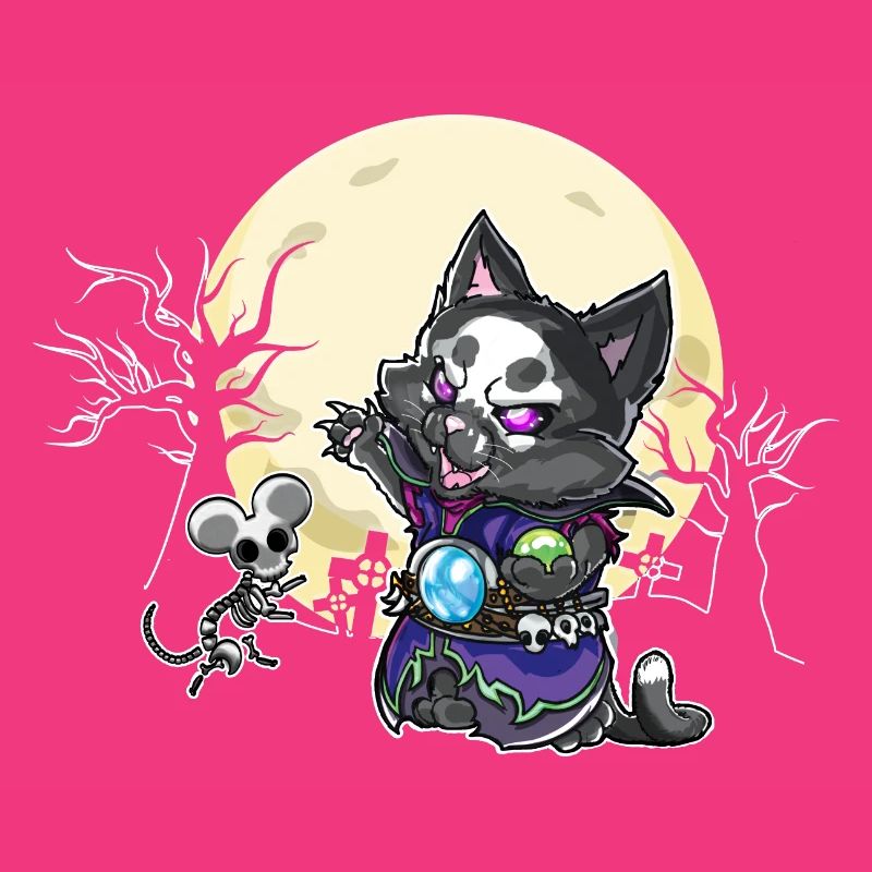 Cute cat necromancer black magic and skeleton