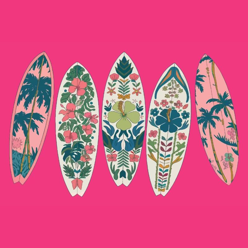 Surfboards Tropical Pattern Flowers Palm Trees