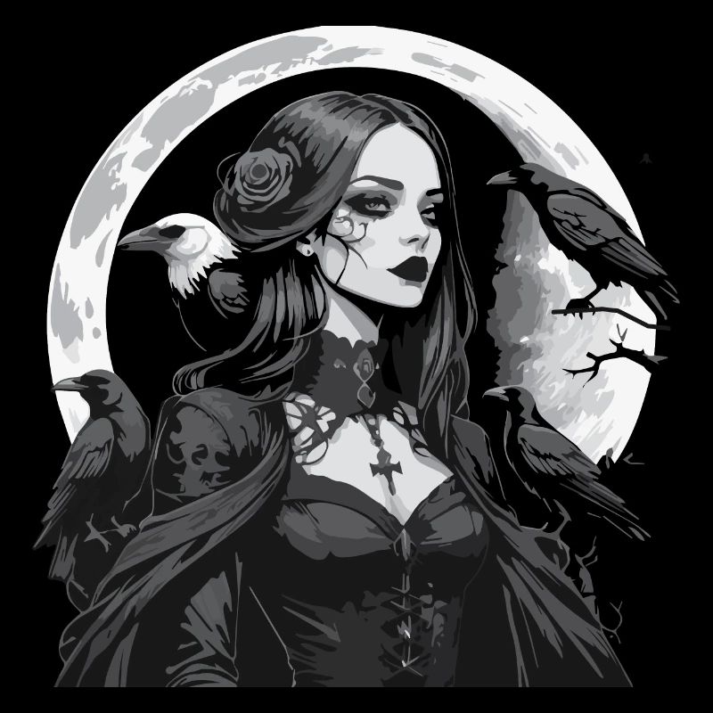 gothic girl with ravens over the moon