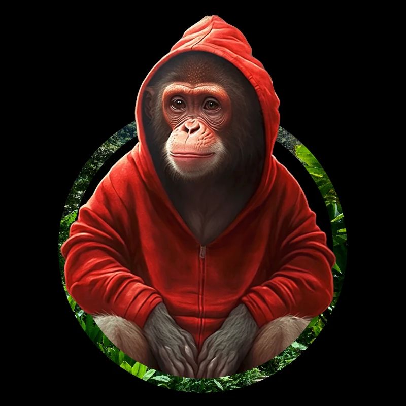 Cool monkey chimpanzee in red hooded jacket