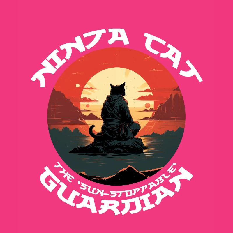 Chat noir ninja devant le soleil rouge