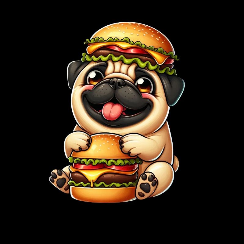 Whimsical Pug with Hat Cheeseburger Fast Food