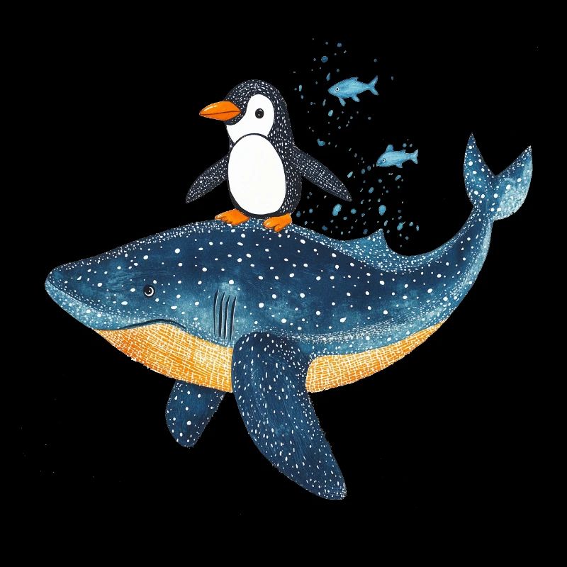 Penguin surfs whale shark