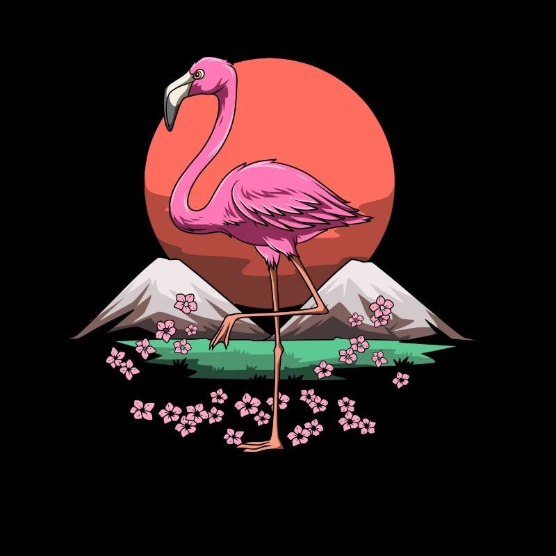 Flamant japonais avec soleil rouge et fleurs