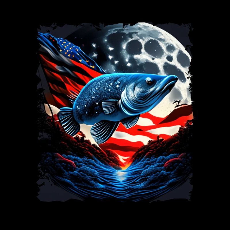 America fish under Moon with American Flag