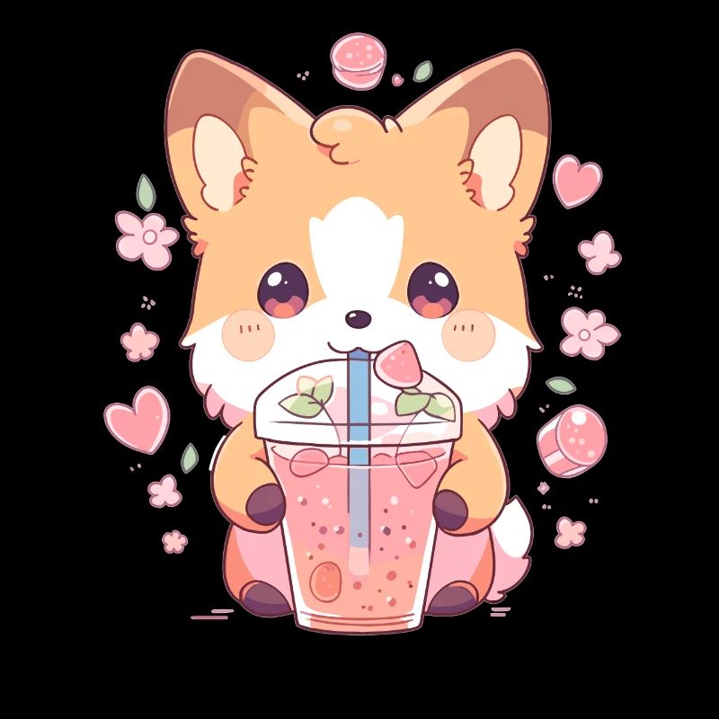 Kawaii Corgi Hund trinkt Boba Bubble Tea Chibi