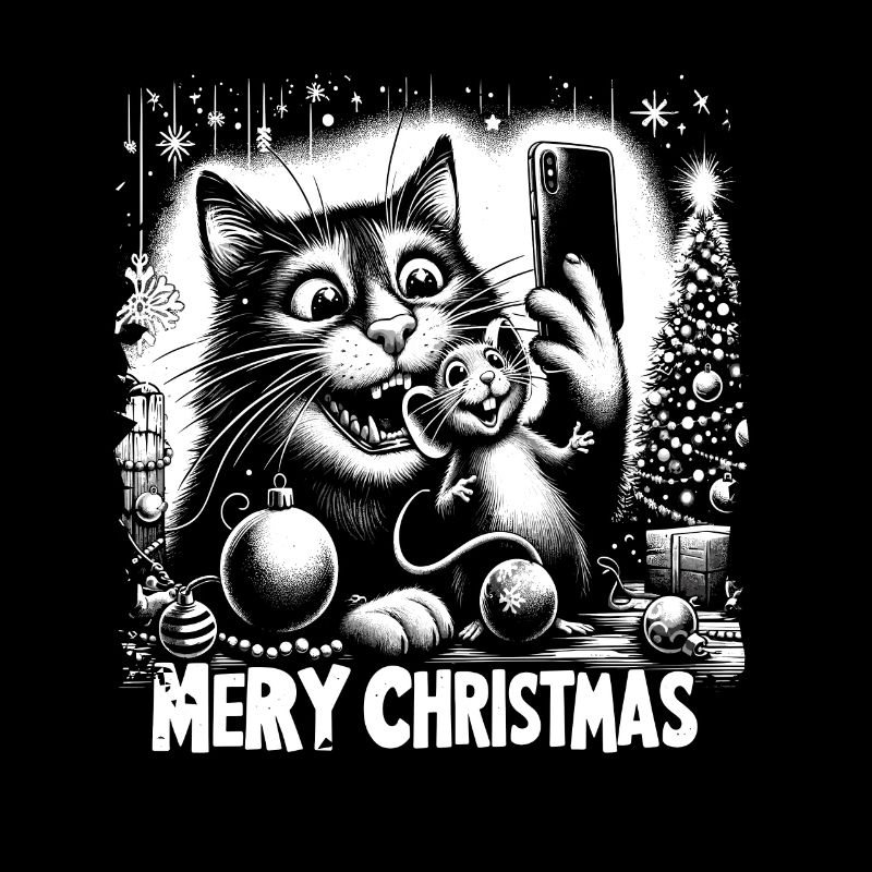 Cat & Mouse Selfie Merry Christmas Funny