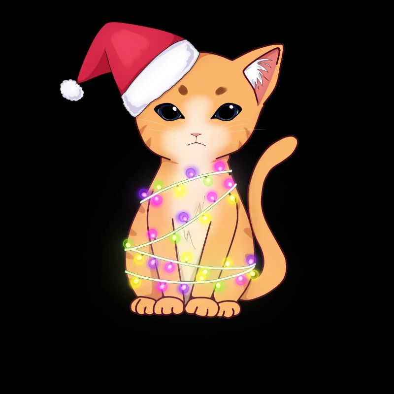 Niedliche orangefarbene Katze mit Weihnachtslichtern, Weihnachtsmütze