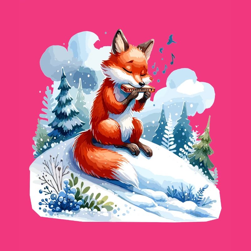 Fox playing harmonica on snow hill