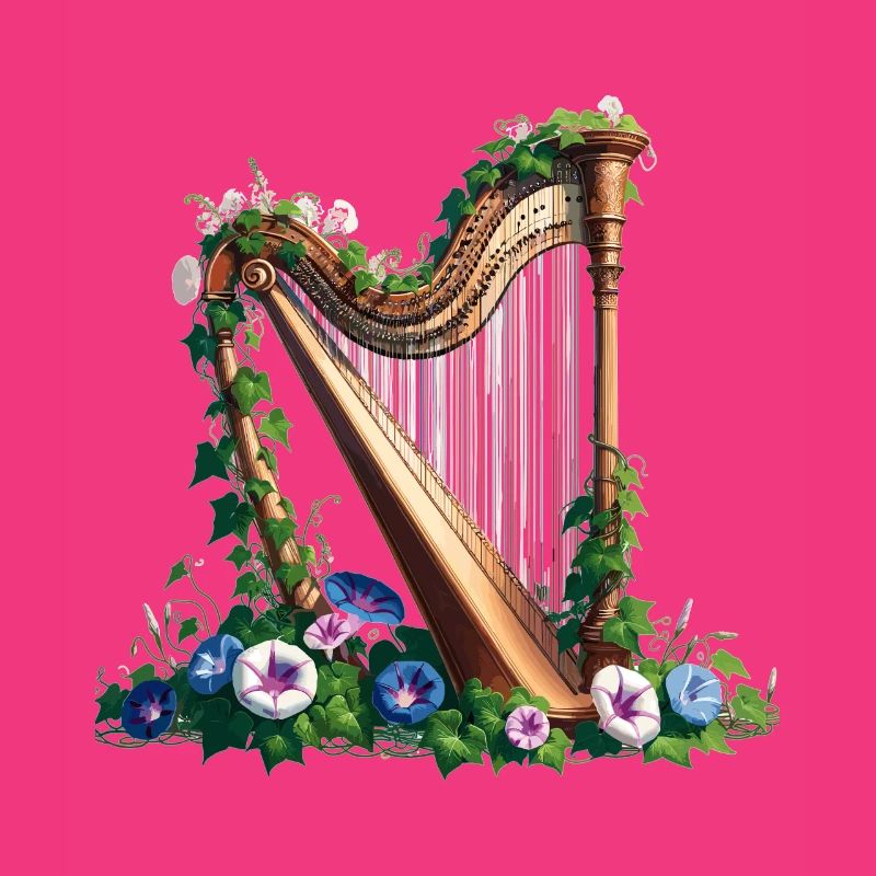 Große Harfe mit Efeu und Prunkwinden