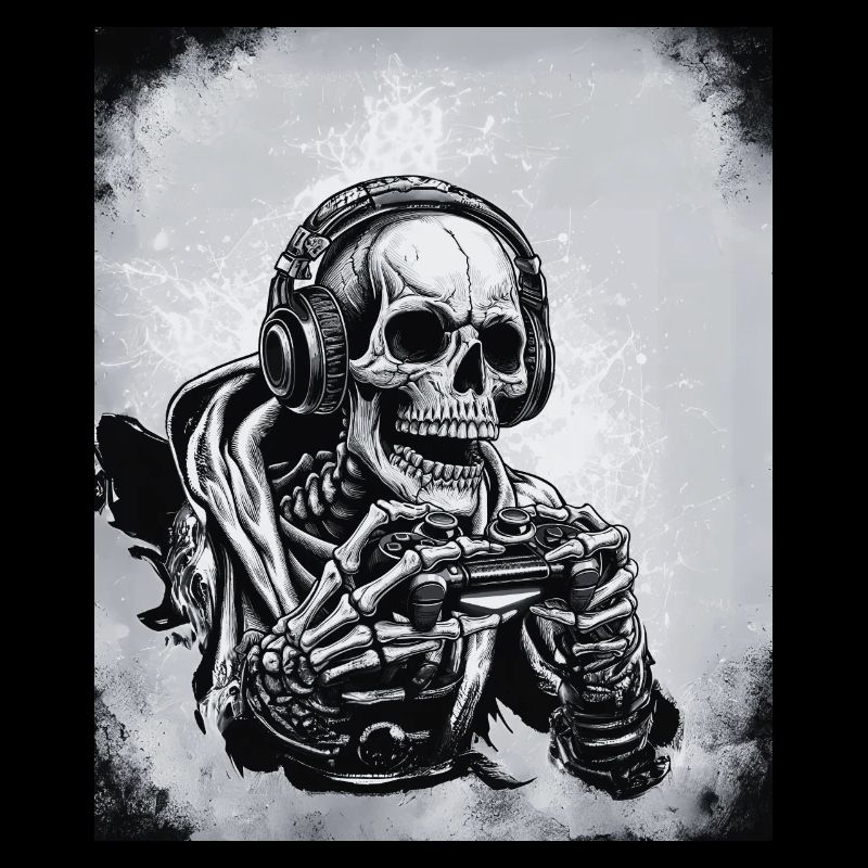 Skelett mit Gamecontroller und Kopfhörern