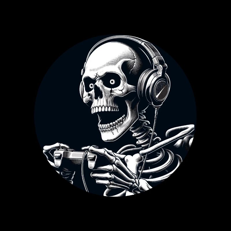 Skeleton with game controller and headphones