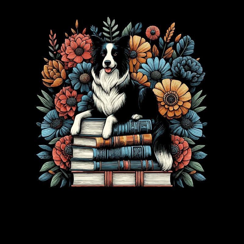 Border Collie Flower Book Reader Floral Cottagecore