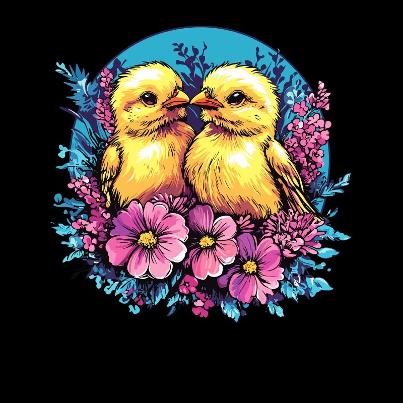 Two chicks in flowers