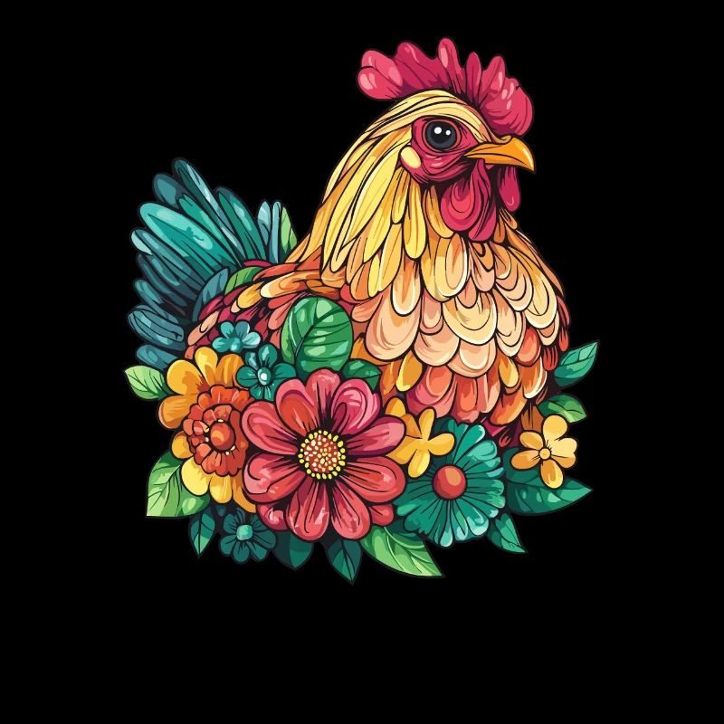 Poulet dans une mer de fleurs