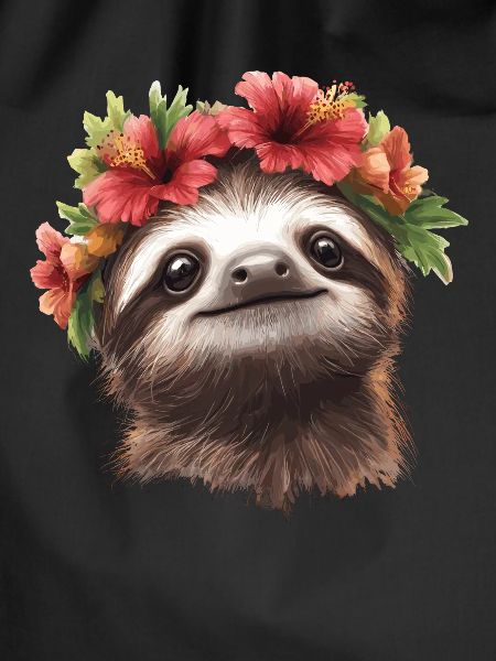 Cheerful sloth with flowers