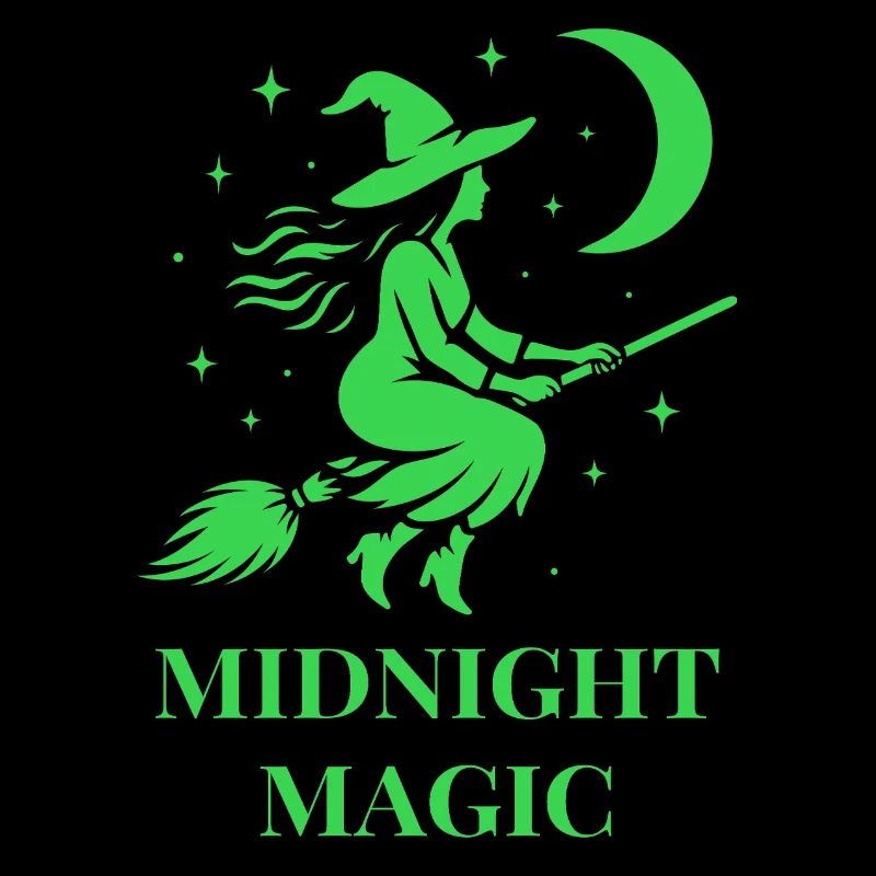 Flying witch at night with moon in green