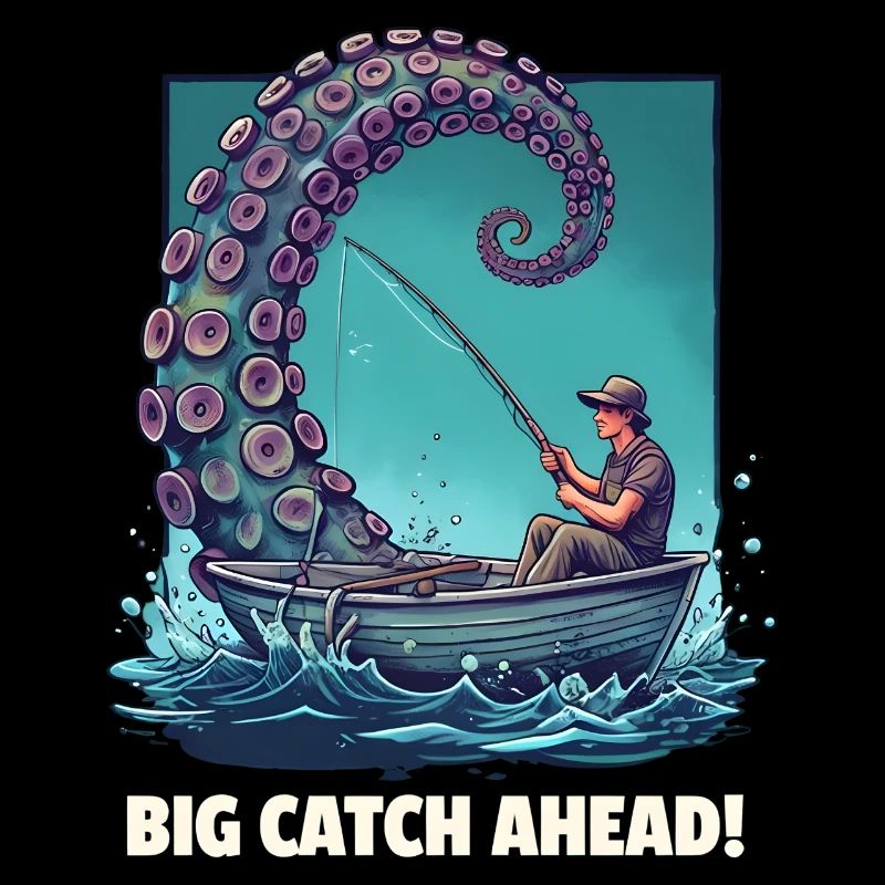 Whimsical Fisherman Faces Massive Kraken Tentacle