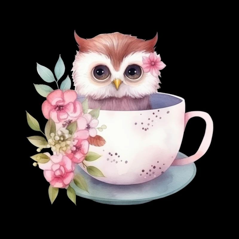 Niedliche rosa Baby-Eule mit Blumen in einer Tasse