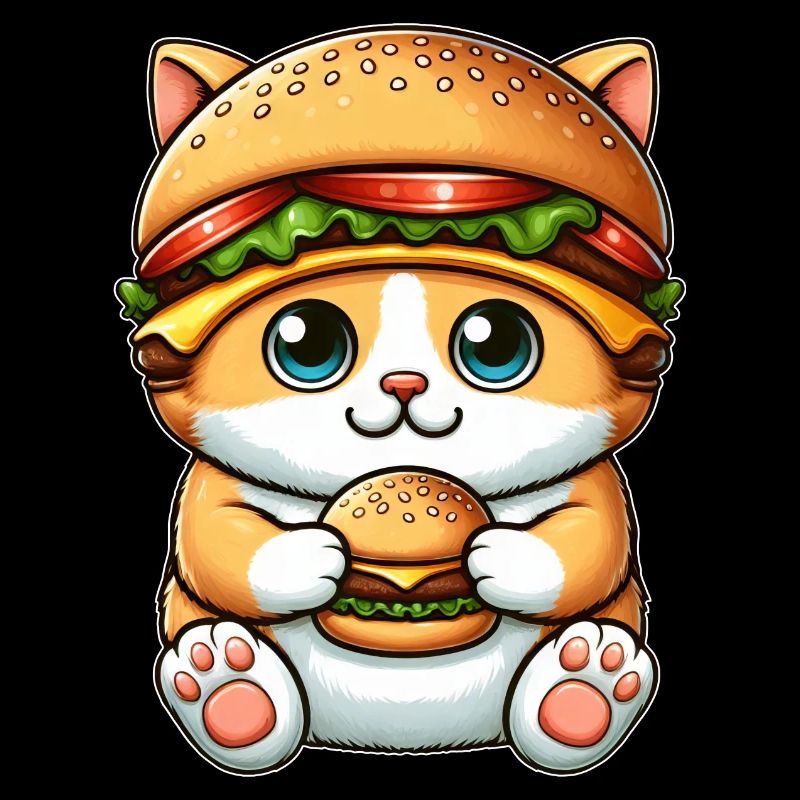 Whimsical Cat with Hat Hamburger Fast Food