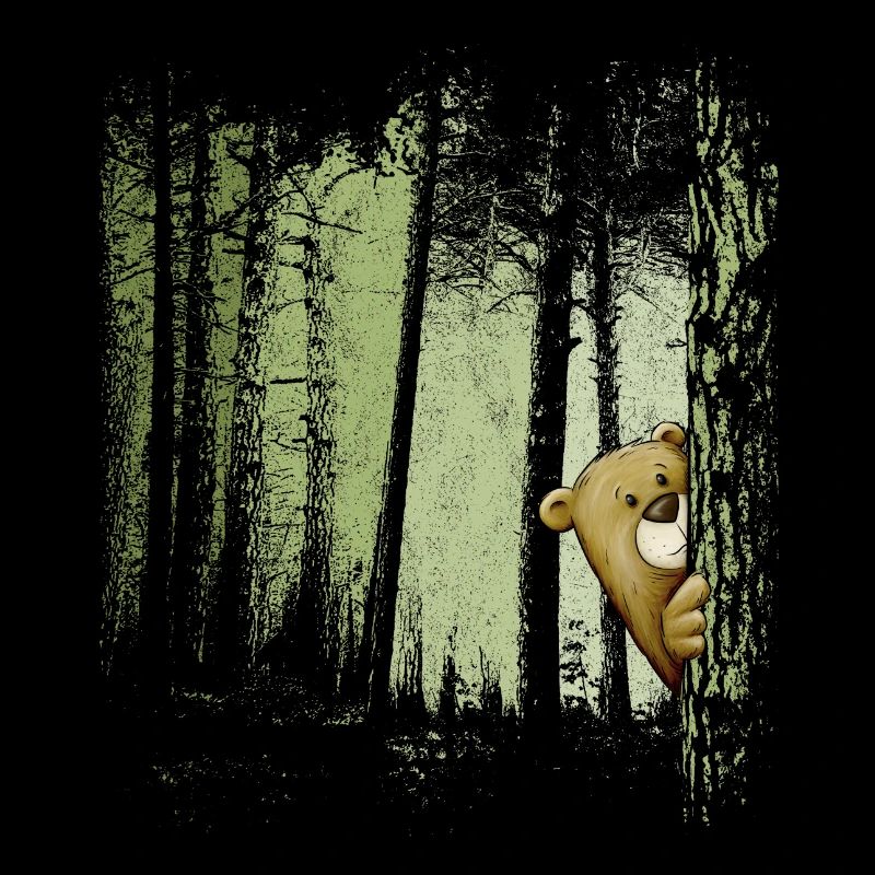 Funny comic bear hidden in the forest