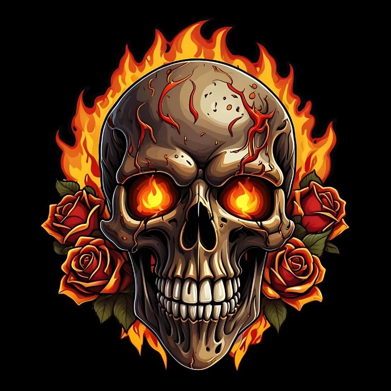 Skull with Fire and Red Roses Burning Skull