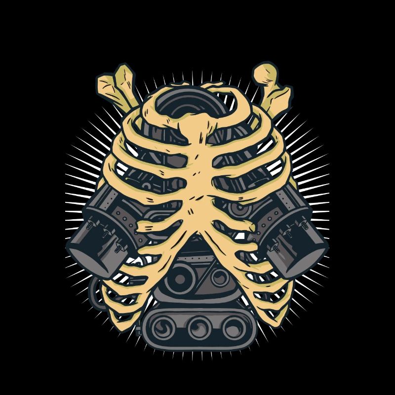 Skeleton with car engine