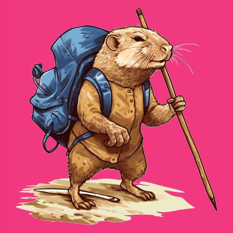 Mole rat with backpack and walking stick