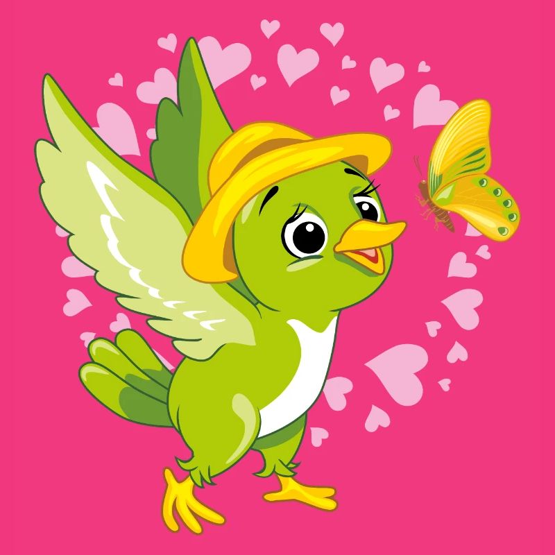 Oiseau vert mignon jouant avec un papillon