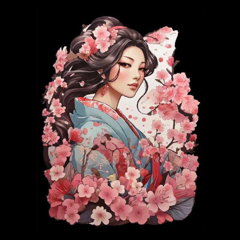 Woman in kimono with cherry and plum patterns